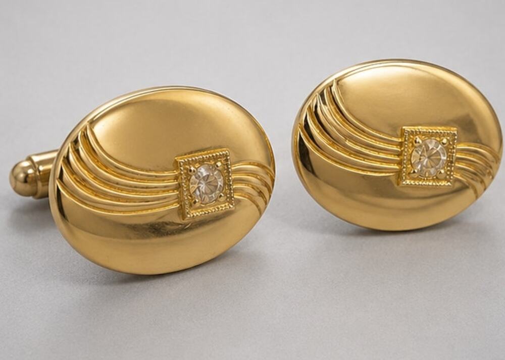 Vintage Anson Cufflinks Gold-tone Rhinestone Mid-century Cuff Links‎ Oval cl-